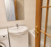 Badezimmer in einer 2-Zimmer-Wohnung mit Waschmaschine, Waschbecken und Badewanne.