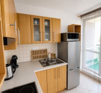 Küche mit Holzschränken, Kühlschrank und Mikrowelle in einer Zweizimmerwohnung.