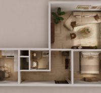 Grundriss einer 2-Zimmer-Wohnung mit Holzboden, Küche und Wohnzimmer.