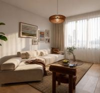 Wohnzimmer in einer 2-Zimmer-Wohnung mit Holzboden und heller Beleuchtung.