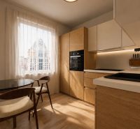 Küche in einer 2-Zimmer-Wohnung mit Holzdekor und einem hellen Vorhang.