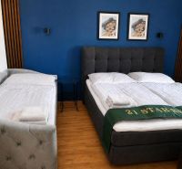 Schlafzimmer mit Doppelbett, blauer Wand und Holzboden.