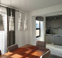 Esstisch mit Holzdekor und graue Schränke in einem Einfamilienhaus.