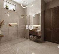Badezimmer in einem Einfamilienhaus mit großen Schränken und Spiegel.