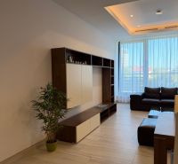 Wohnzimmer in einer 3-Zimmer-Wohnung mit Holzboden, Sofa und Möbelwand.