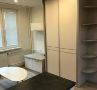 Einzimmerwohnung mit weißen Möbeln, Einbauschrank und Boden mit Holzdekor.