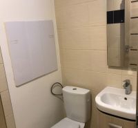 Badezimmer in einem Studio-Apartment mit Toilette und Waschbecken, helle Fliesen.