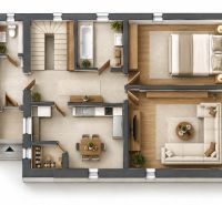 Grundriss des Einfamilienhauses zeigt Wohnzimmer, Schlafzimmer, Küche und Badezimmer.