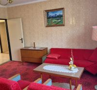Wohnzimmer in einem Einfamilienhaus mit rotem Teppich und Retro-Möbeln.