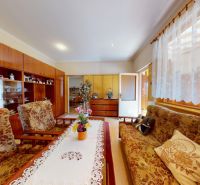 Wohnzimmer in einem Einfamilienhaus mit klassischen Möbeln und gemustertem Sofa.