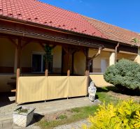 In Nadlice ein Einfamilienhaus mit überdachter Terrasse, Strauch und Statue im Garten.