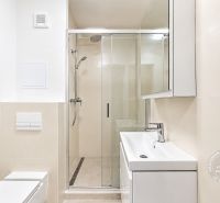 Badezimmer in einer 2-Zimmer-Wohnung mit Toilette, Duschkabine und Waschbecken mit Stauraum.