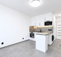 Küche in einer 2-Zimmer-Wohnung mit weißen Schränken, grauem Boden und Geräten.
