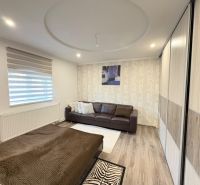 Ein Zimmer in einem Einfamilienhaus mit einem Holzboden, einem Sofa und einem Bett.
