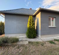Ein Einfamilienhaus in Blatné Revištia mit einem gepflegten Garten, grauer Fassade und einem Walmdach.