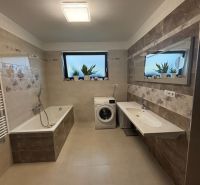 Badezimmer in einem Einfamilienhaus mit Dusche, Badewanne, Waschmaschine und Spiegel auf den Fliesen.