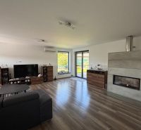 Wohnzimmer in einem Einfamilienhaus mit Sofa, Fernseher, Kamin und Holzboden.