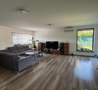 Wohnzimmer in einem Einfamilienhaus mit dunklem Sofa und Boden in Holzoptik.