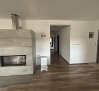 Ein Kamin in einem Einfamilienhaus mit einem Boden in Holzoptik und hellen Wänden.