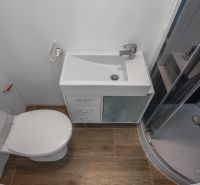 Das Badezimmer enthält eine Dusche, ein Waschbecken und eine Toilette, mit einem Boden in Holzoptik.