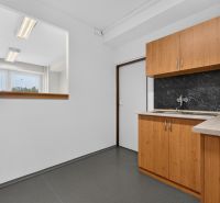 Büros mit grauem Boden, Holzdekor der Schränke und einem Fenster für natürliches Licht.