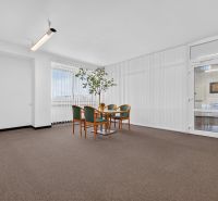 Büros mit Teppichboden, Tisch und Stühlen, Glastüren und großem Fenster.