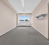 Büros mit Teppichboden, weißen Wänden und einem Fenster, ideal für einen Arbeitsbereich.