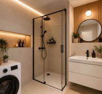 Badezimmer in einer 3-Zimmer-Wohnung mit Waschmaschine, Duschkabine und Spiegel an der Holzwand.