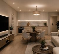 Wohnzimmer in einer 3-Zimmer-Wohnung mit Holzboden und bequemen Sitzgelegenheiten.