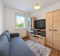 Wohnzimmer in einer 4-Zimmer-Wohnung mit Sofa, Möbeln und Boden in Holzoptik.
