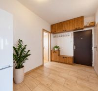Eingangshalle in einer 3-Zimmer-Wohnung mit Kühlschrank, Garderobe und Boden in Holzoptik.