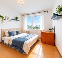 Helles Schlafzimmer mit Bett, Schreibtisch und Regalen mit Pflanzen in einer 3-Zimmer-Wohnung.