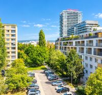 Blick aus einer 3-Zimmer-Wohnung in der Rumančekova-Straße in Bratislava - Ružinov, mit einem Park und einem Parkplatz.