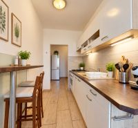 Küche in einer 3-Zimmer-Wohnung mit Holzelementen und Pflanzen auf dem Tisch.