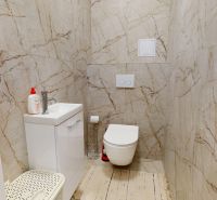 Badezimmer in einer 2-Zimmer-Wohnung mit Toilette, Waschbecken und Marmorfurnier an den Wänden.