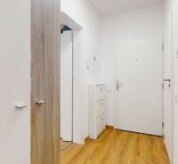 Flur mit weißen Möbeln und Boden in Holzoptik in einer 2-Zimmer-Wohnung.