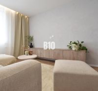 Helles Wohnzimmer in einer 4-Zimmer-Wohnung mit Holzboden und minimalistischen Möbeln.