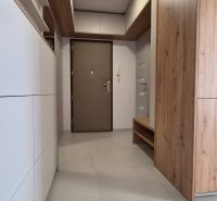 Der Flur in einer Einzimmerwohnung mit einem Boden in Holzoptik und Stauraum.
