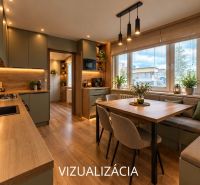 Küche und Essbereich in einer Einzimmerwohnung mit Holzboden.