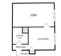 Grundriss einer 1-Zimmer-Wohnung mit Küche, Badezimmer und Flur.