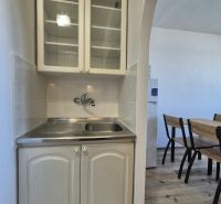Kochnische in einem Studio-Apartment mit Spüle, Schränken und Tisch auf einem Boden mit Holzdekor.