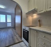 Kochnische in einem Einzimmerapartment mit Holzboden und Fliesen.