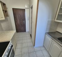Kochnische in einem Studio-Apartment mit hellen Schränken und Geräten, Boden mit Holzdekor.