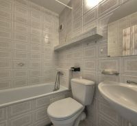 Badezimmer in einem Studio-Apartment mit Badewanne, Waschbecken und Toilette in gedämpften Farben.