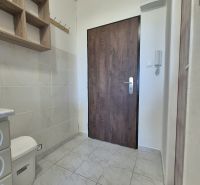 Eine Einzimmerwohnung mit Fliesenboden, einem Holzregal und einer Tür mit Holzdekor.