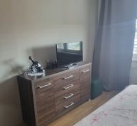 Innenraum einer 3-Zimmer-Wohnung mit Kommode und Fernseher, Boden mit Holzdekor.