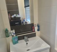 Badezimmer in einer 3-Zimmer-Wohnung mit stilvollem Waschbecken und Regalen für Zubehör.