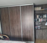 Ein Schrank und ein Bücherregal in einer 3-Zimmer-Wohnung, mit einem Boden in Holzoptik.