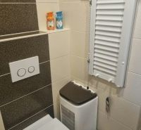 Badezimmer mit Toilette in einer 3-Zimmer-Wohnung, creme-braune Fliesen und Stauraum.