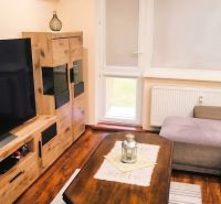 Wohnzimmer in einer 3-Zimmer-Wohnung mit Holzboden, Sofa und Fernseher.